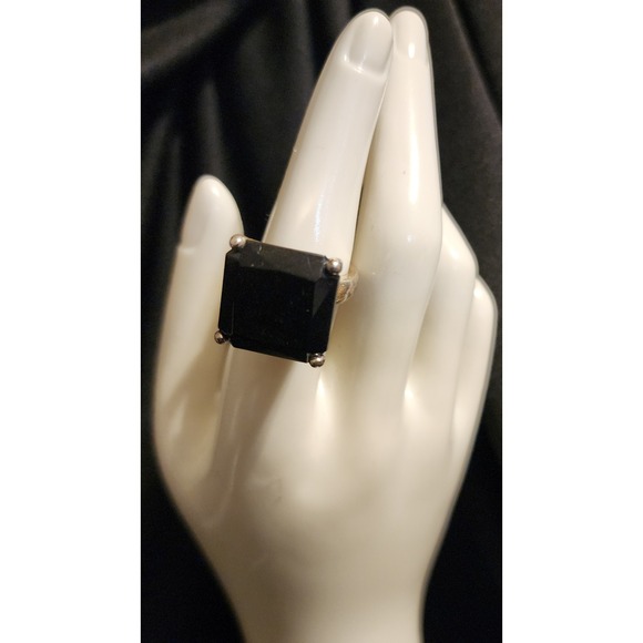 Jewelry - Vintage Black Emerald Cut Statement Cocktail Ring Silver Tone Size 6.5 Gothic